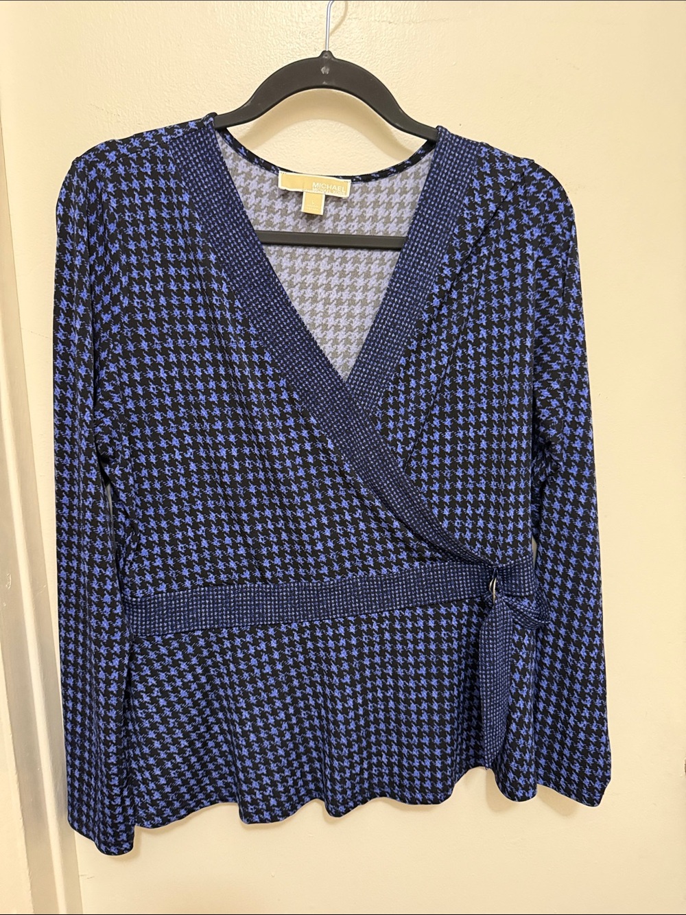 Michael Kors Blue and Black Houndstooth Wrap-Style Button Down Top